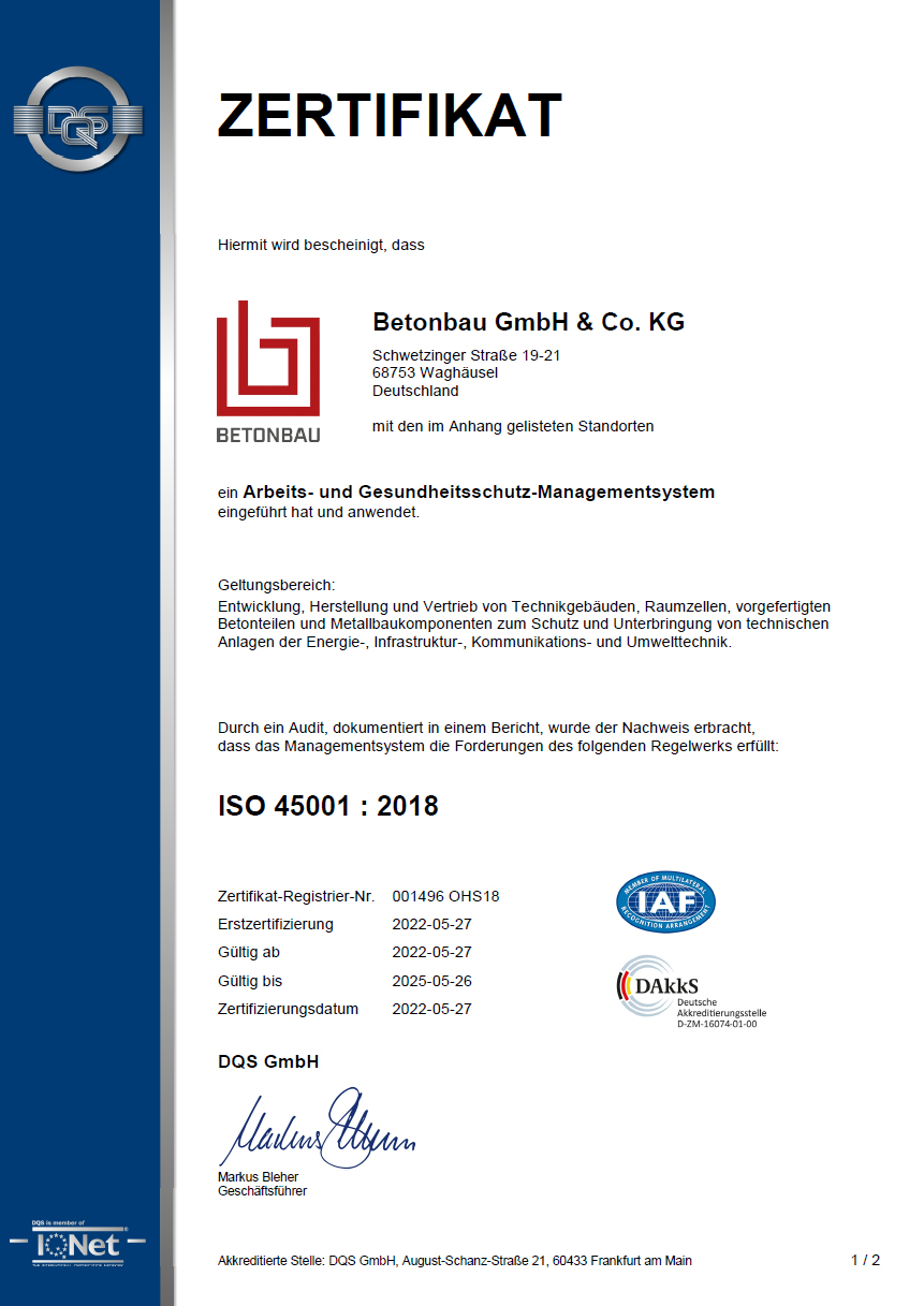 Zertifikat Arbeitsschutzmanagement nach ISO 45001